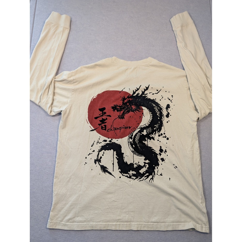 Prime Essentials Long Sleeve Shirt Mens Medium Beige Dragon Graphic Y2K Exc